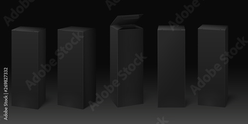 Black cardboard box mockup. Premium packaging boxes, dark package and pack mock up template 3D vector set