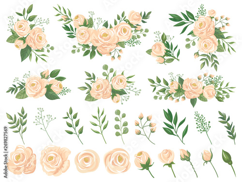 Floral bouquet. Rose flowers, gardening roses bouquets and pastel colors flower buds with petals cartoon vector illustration set
