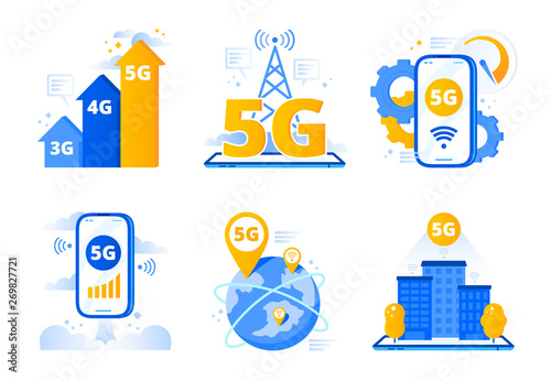 Mobile 5G network. City fast internet hotspot, wireless telecommunications and fifth generation networks vector illustration set