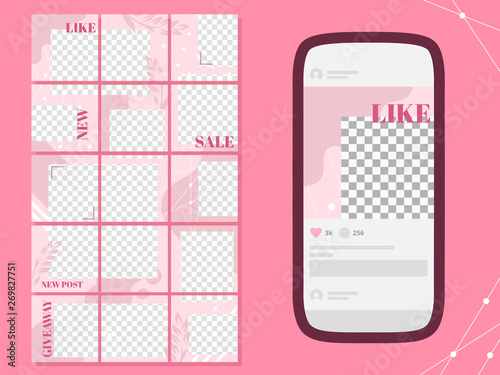 Pink post template. Social media puzzle photo frames posts, flowers poster and gold floral frame grid templates layout vector set