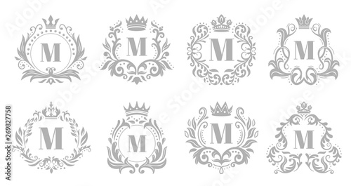 Vintage monogram emblem. Luxury ornate silver logo, heraldic monograms and old king royal crown emblems vector illustration set