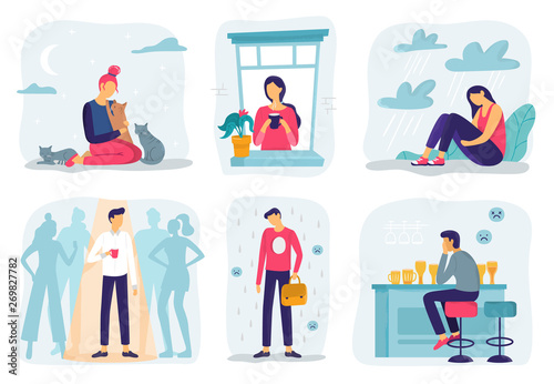 Feel lonely. Loneliness feelings, feeling isolated and fear of being alone vector illustration set
