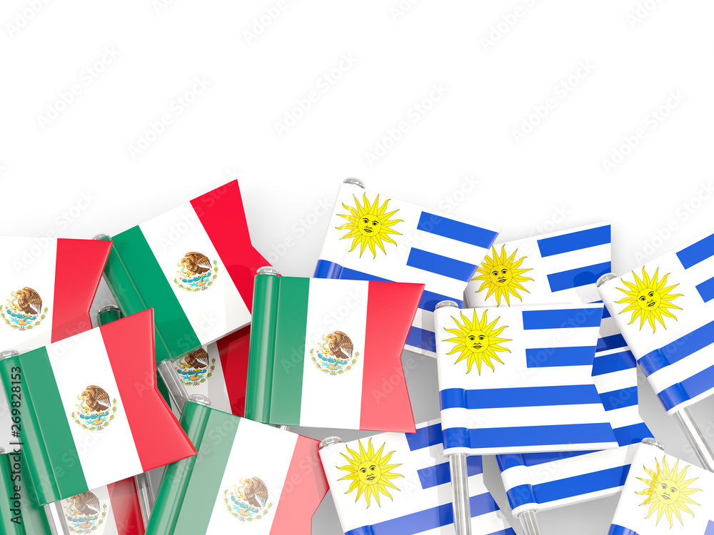Pins with flags of Mexico and uruguay isolated on white. Pins with flags of Mexico and uruguay isolated on white.