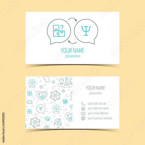 Business cards for psychology help. Promotional products. Line icons. Flat design. Vector