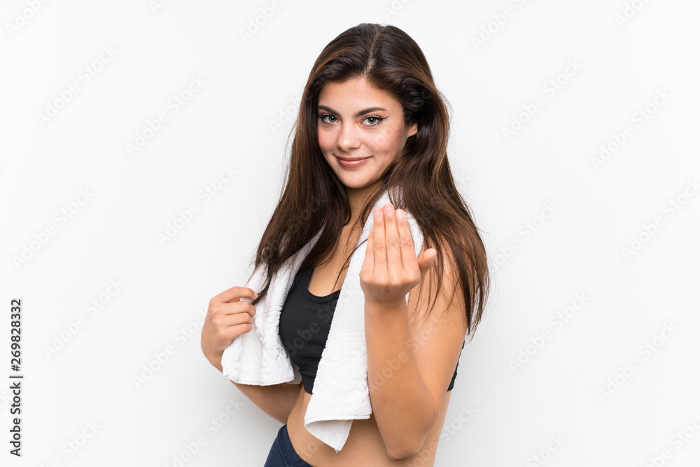 Teenager sport girl over isolated white background inviting to come