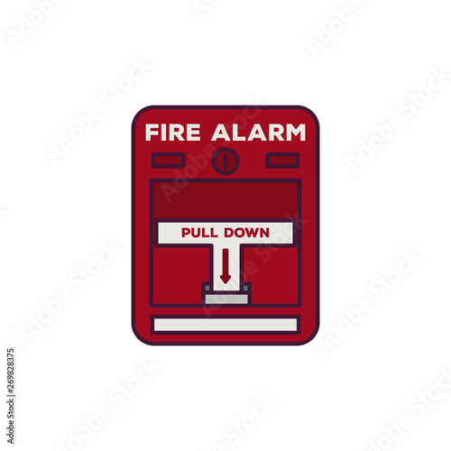 Fire alarm box. Fire alarm text, pull down switch. Line style vector illustration. Classic fire switch. Rescue and alarm pixel perfect banner.