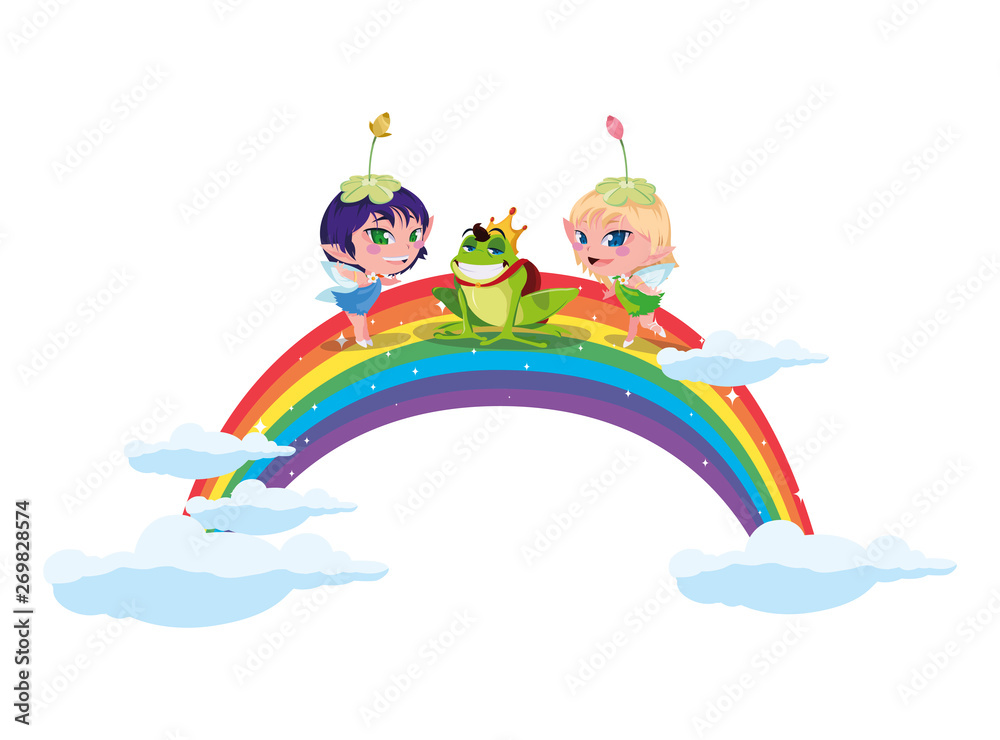 Obraz premium beautiful magic fairies with toad prince and rainbow scene