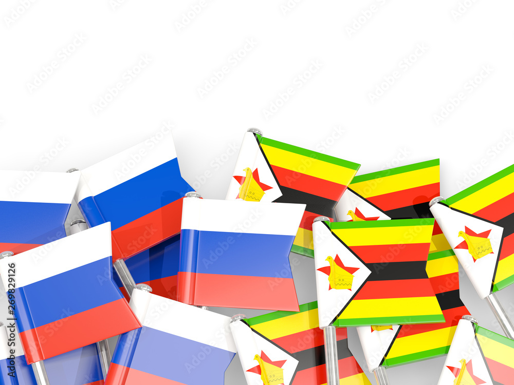 Pins with flags of Russia and zimbabwe isolated on white.