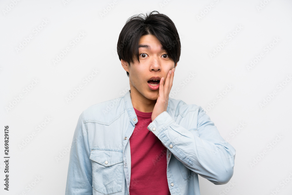 Asian man on isolated white background with surprise and shocked facial expression Asian man on isolated white background with surprise and shocked facial expression