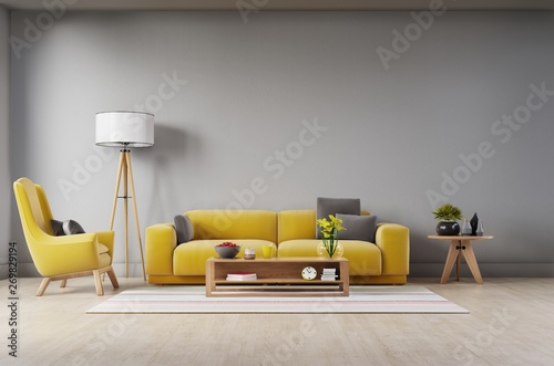 Fototapeta Naklejka Na Ścianę i Meble -  Living room with fabric yellow sofa,yellow armchair,lamp and green plant in vase on white wall background. 3d rendering