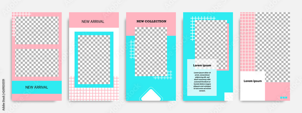 Abstract social media post stories / story template in pink, blue turquoise and white color