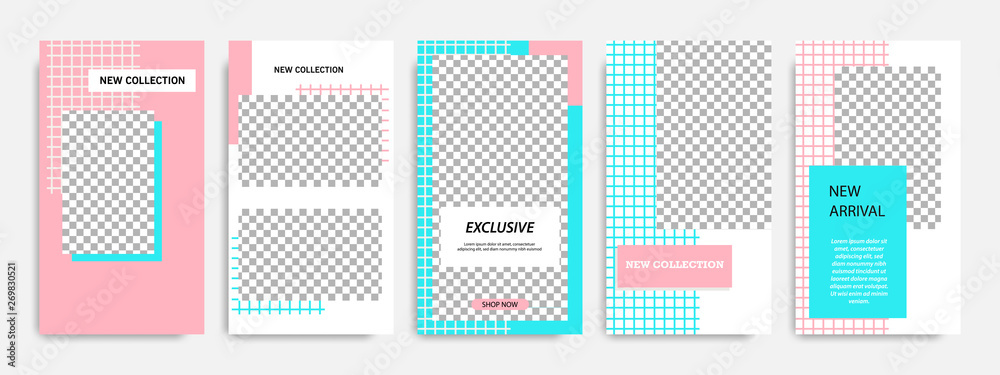 Abstract social media post stories / story template in pink, blue turquoise and white color