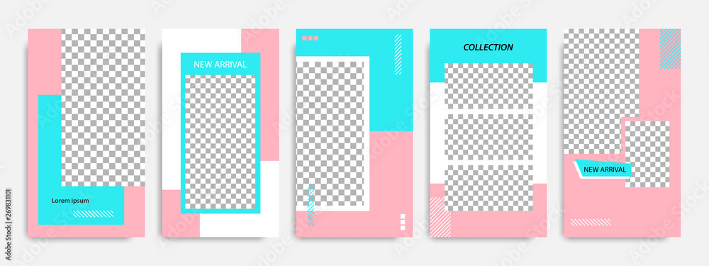 Abstract social media post stories / story template in pink, blue turquoise and white color