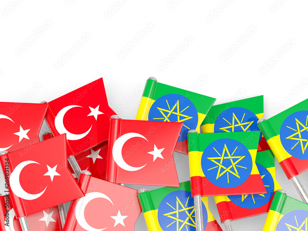Pins with flags of Turkey and ethiopia isolated on white.