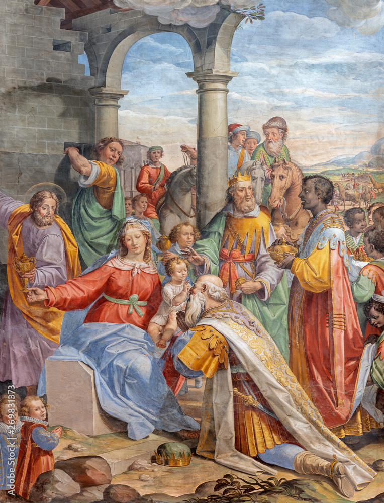 COMO, ITALY - MAY 8, 2015: The fresco of Adoration of Magi in church Basilica di San Fedele by unknown artist of 16. cent.