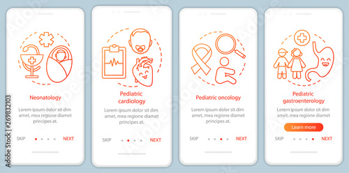 Pediatric services onboarding mobile app page screen with linear concepts