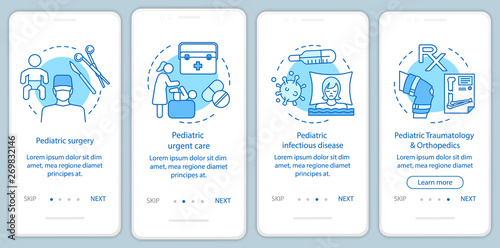 Pediatrics services onboarding mobile app page screen with linear concepts