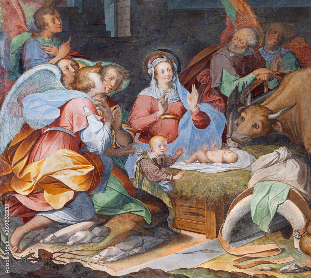 COMO, ITALY - MAY 8, 2015: The fresco of Nativity in church Basilica di San Fedele by unknown artist of 16. cent.