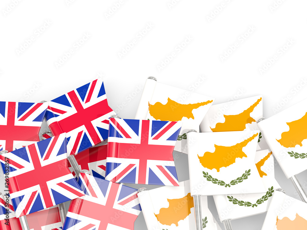 Fototapeta premium Pins with flags of UK and cyprus isolated on white.