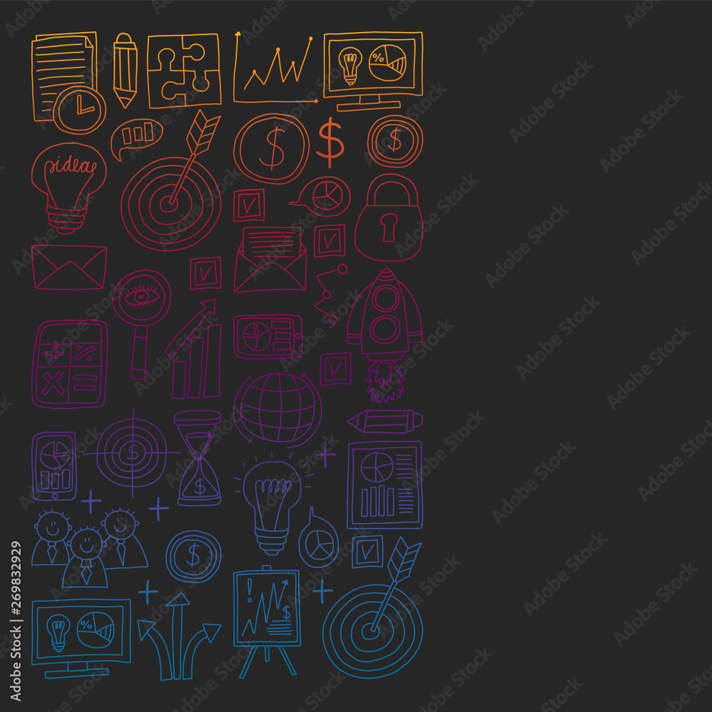 Vector set of bussines icons in doodle style. Colorful, gradient pictures on a piece of paper on dark, black background.