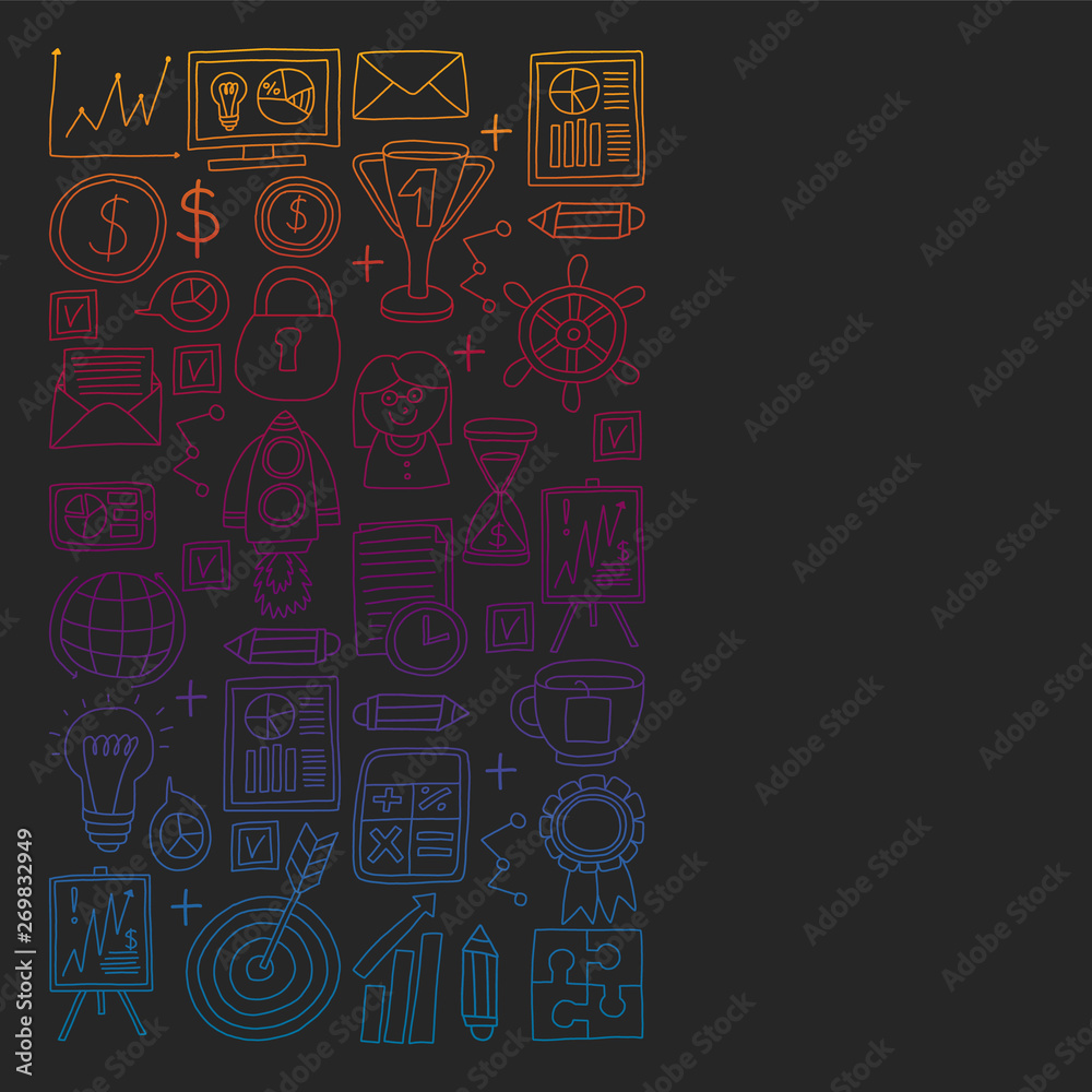 Vector set of bussines icons in doodle style. Colorful, gradient pictures on a piece of paper on dark background. Vector set of bussines icons in doodle style. Colorful, gradient pictures on a piece of paper on dark background.