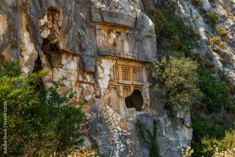 ruins of the temple tombs in mountains demre