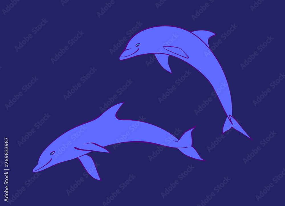 Fototapeta premium Two blue friendly dolphins. Vector cartoon cute marine animal illustration, isolated on navy background