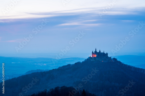 Germany, Night lights of castle hohenzollern on top of a mountain in swabian jura