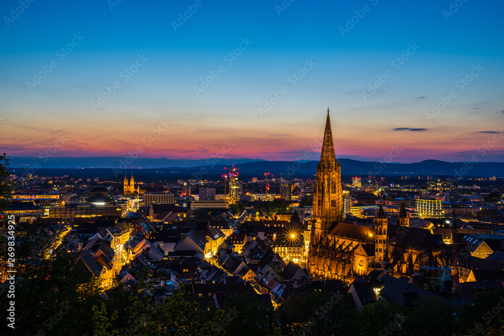 Germany, Romantic evening mood over city freiburg im breisgau in magic hour