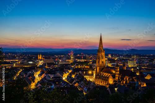 Germany  Romantic evening mood over city freiburg im breisgau in magic hour