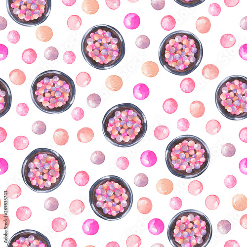 Seamless pattern with decorative blush on white background. Hand drawn watercolor illustration.