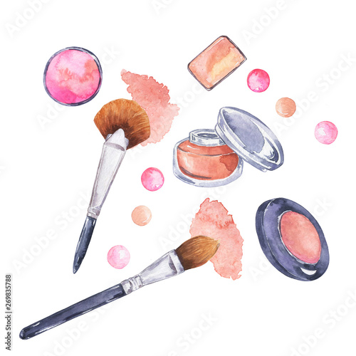 Set of decorative cosmetics: powder, blush, eyeshadow and brushes isolated on white background. Hand drawn watercolor illustration. 