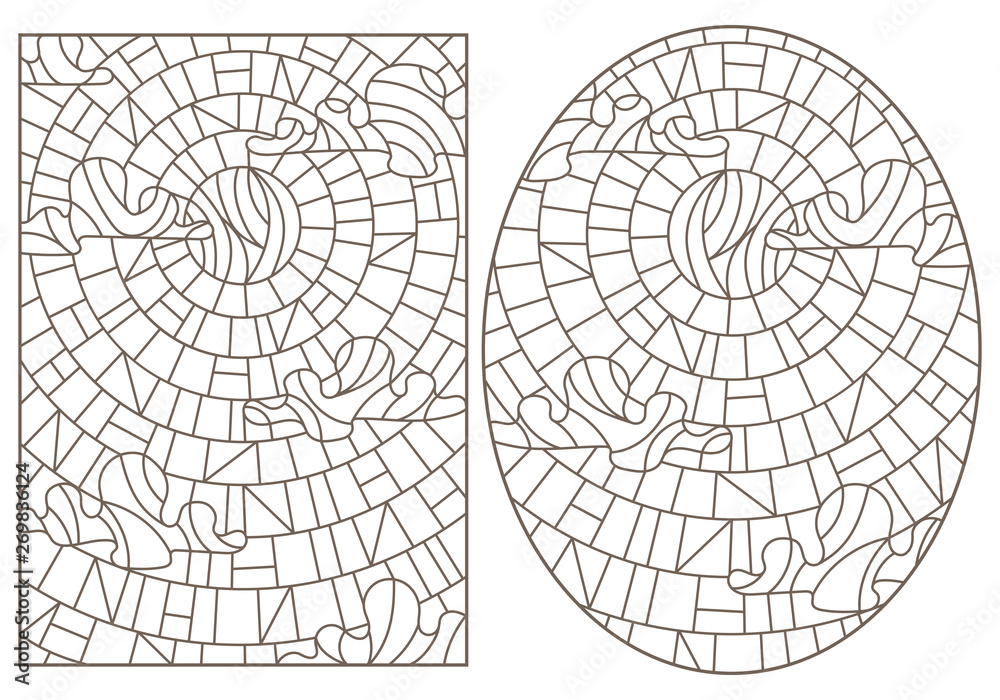 Set of contour illustrations in stained glass style with abstract celestial landscapes, dark contours on white background
