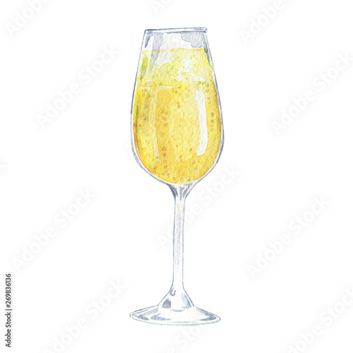 Glass of white sparkling wine isolated on white background. Hand drawn watercolor illustration. 
