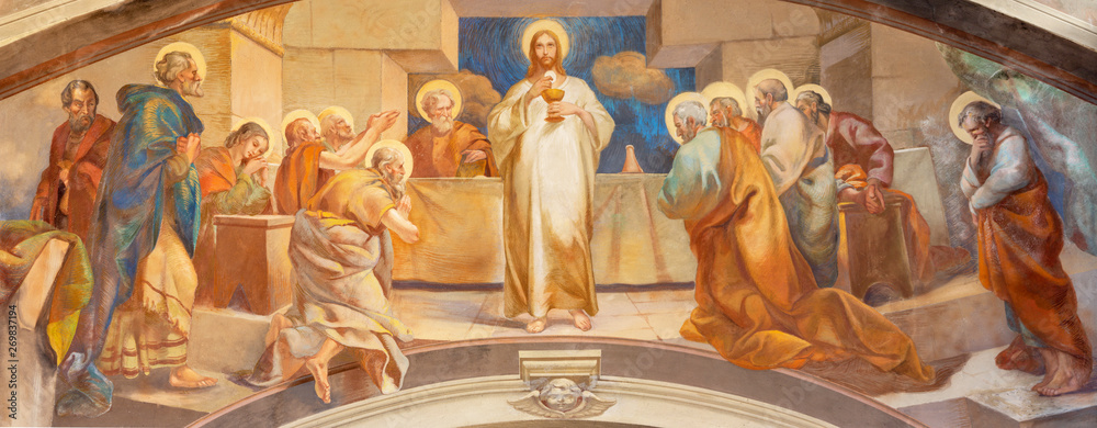 Fototapeta COMO, ITALY - MAY 9, 2015: The fresco of Last Supper in church Chiesa di San Andrea Apostolo (Brunate) of by Mario Albertella (1934).