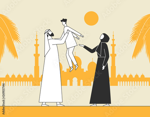 Traditional Arab family, Muslim mosque. Man holding a child, parents with son. Flat vector illustration.