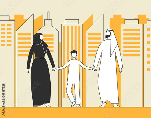 Traditional Arab family, Muslim man, woman and child walking on the background of city skyscrapers. Flat vector illustration.