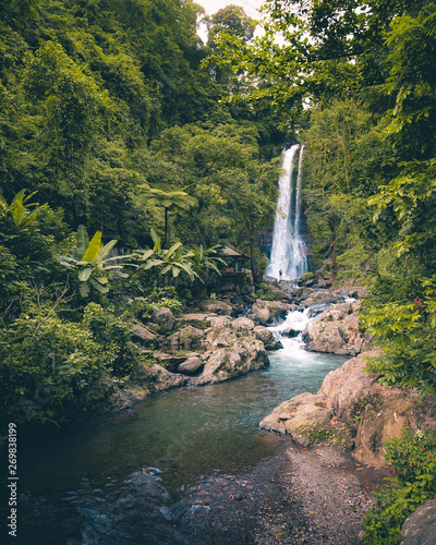 Fototapeta Naklejka Na Ścianę i Meble -  Woman standing in the distance in front of huge waterfall in Bali, Indonesia.