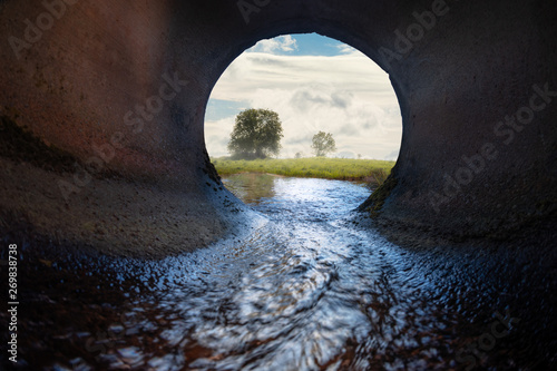Sewer pipe. Inside view. Meadow and tree in the background. photo