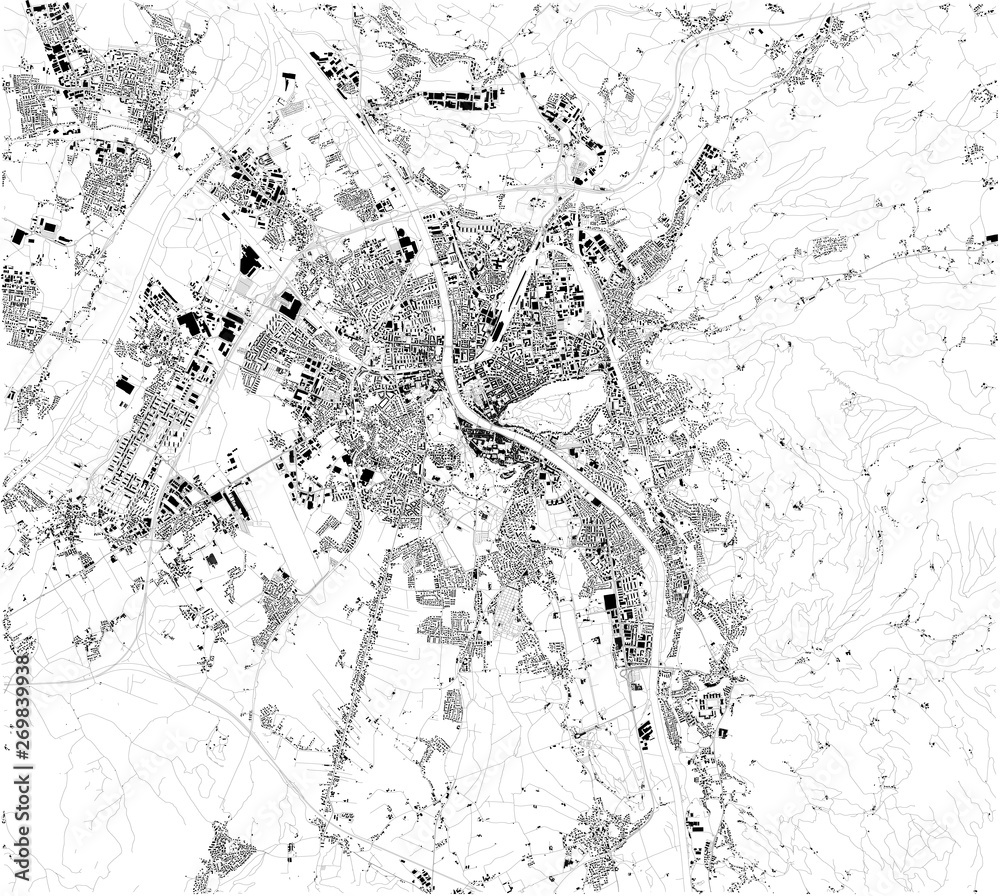 Fototapeta premium Mapa satelitarna Salzburga. Jest czwartym co do wielkości miastem Austrii i stolicą kraju związkowego Salzburg. Mapa ulic i zabudowań centrum miasta
