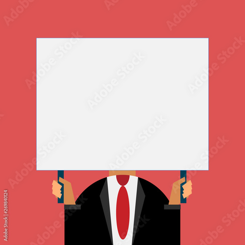 Just man chest dressed dark suit tie no face holding blank big rectangle