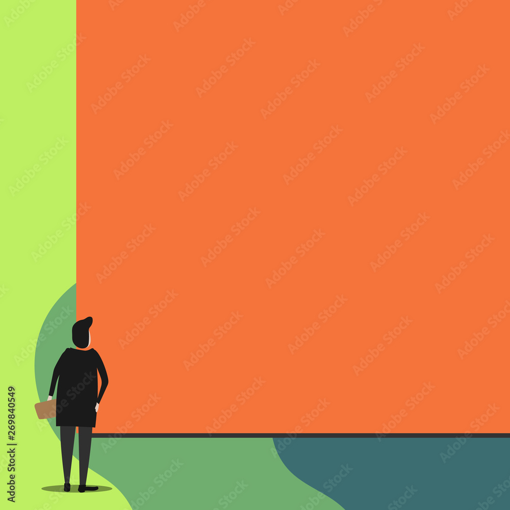 Back view young woman watching blank big rectangle. Geometrical background Back view young woman watching blank big rectangle. Geometrical background