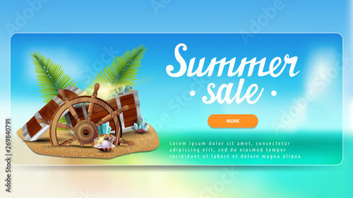 Summer sale, discount banner for your website with beautiful seascape, treasure chest, ship steering wheel, palm leaves, gems and pearls