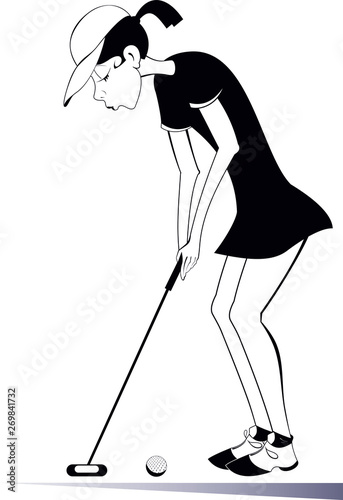 Young golfer woman on the golf course isolated illustration. Young golfer woman aiming to do a good shot black on white illustration