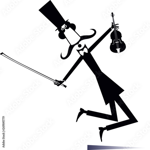 Cartoon long mustache violinist illustration isolated. Long mustache man in the top hat with violin and fiddlestick black on white illustration