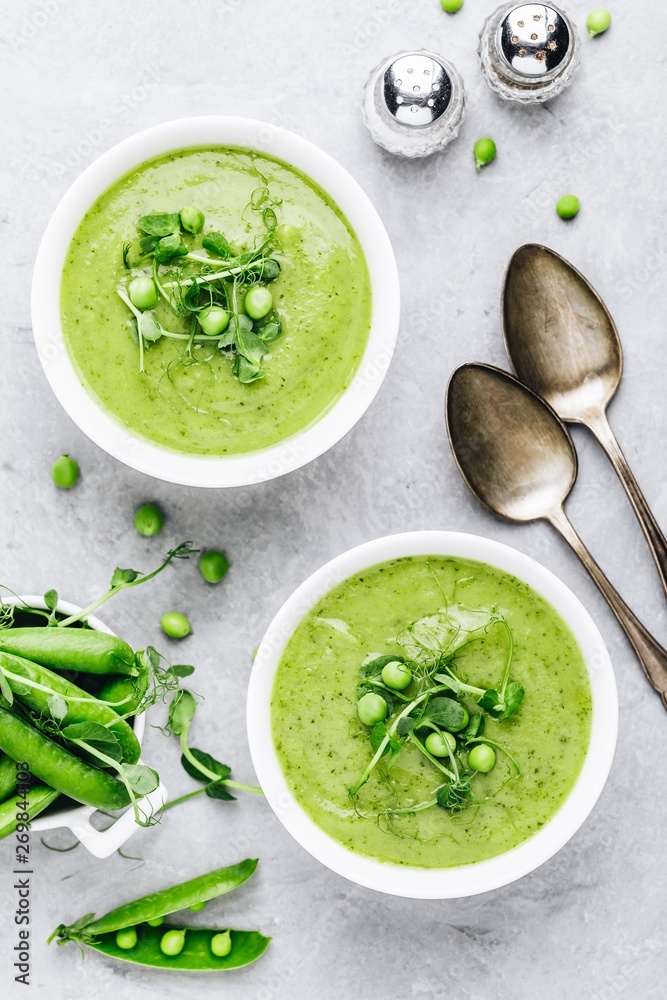 Summer cream soup with green fresh pea shoots Stock Photo Adobe Stock