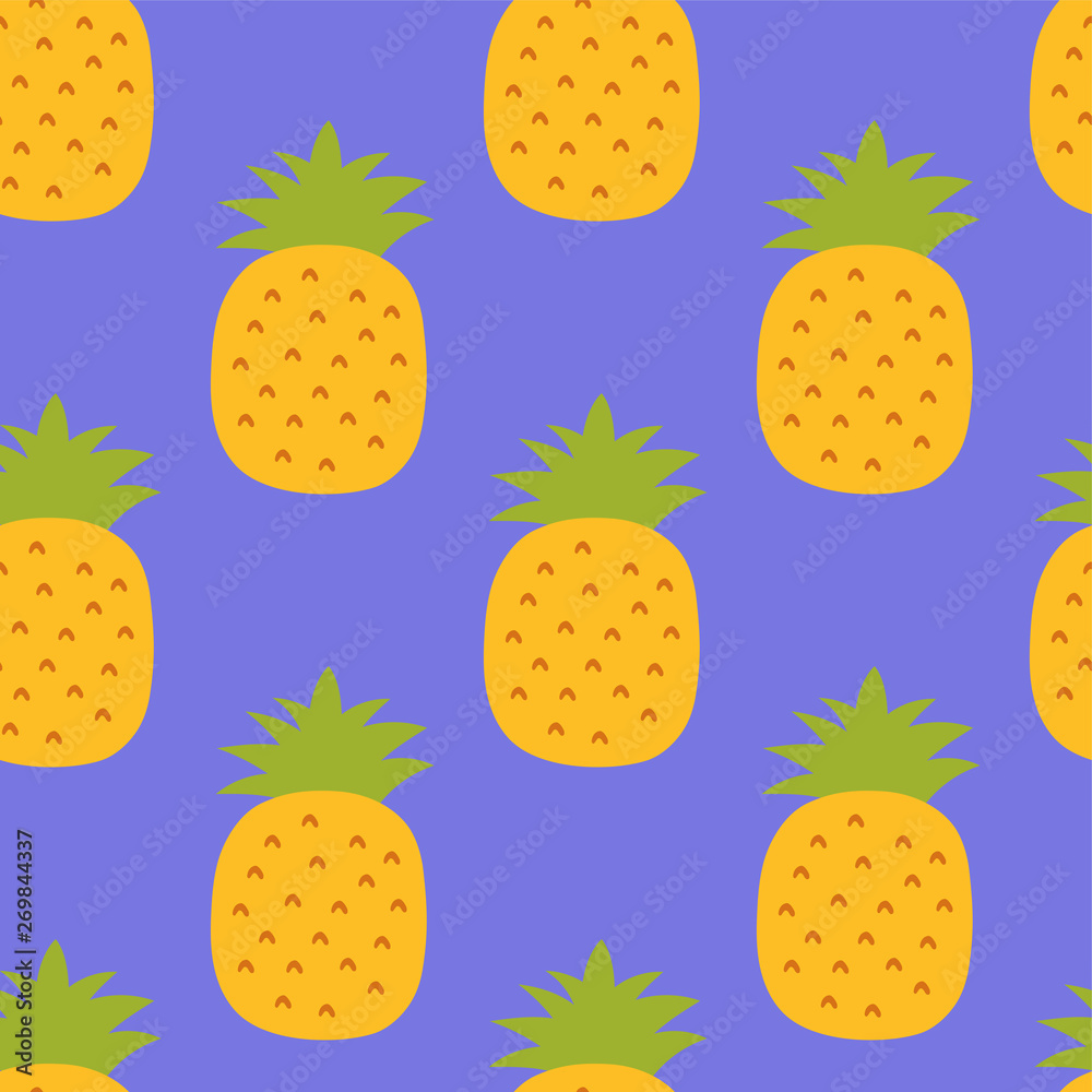 Fototapeta Pineapple seamless pattern. Hand drawn fresh ananas. Vector sketch background. Color doodle wallpaper. Exotic tropical fruit. Fashion design. Food print for kitchen tablecloth, curtain or dishcloth