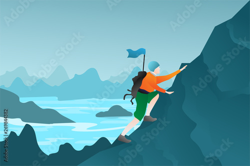 Man with bag and flag on the mountain. Extreme outdoor sports. Climbing the mountains. Business and Adventure concept flat design in eps10 vector illustration. 