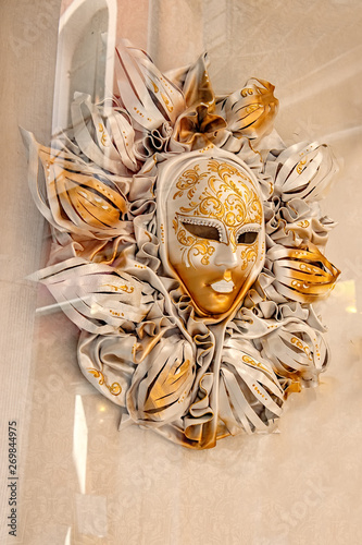 Venetian carnival mask. Street shopping. Famous souvenir. Italian market. Italy Venice.