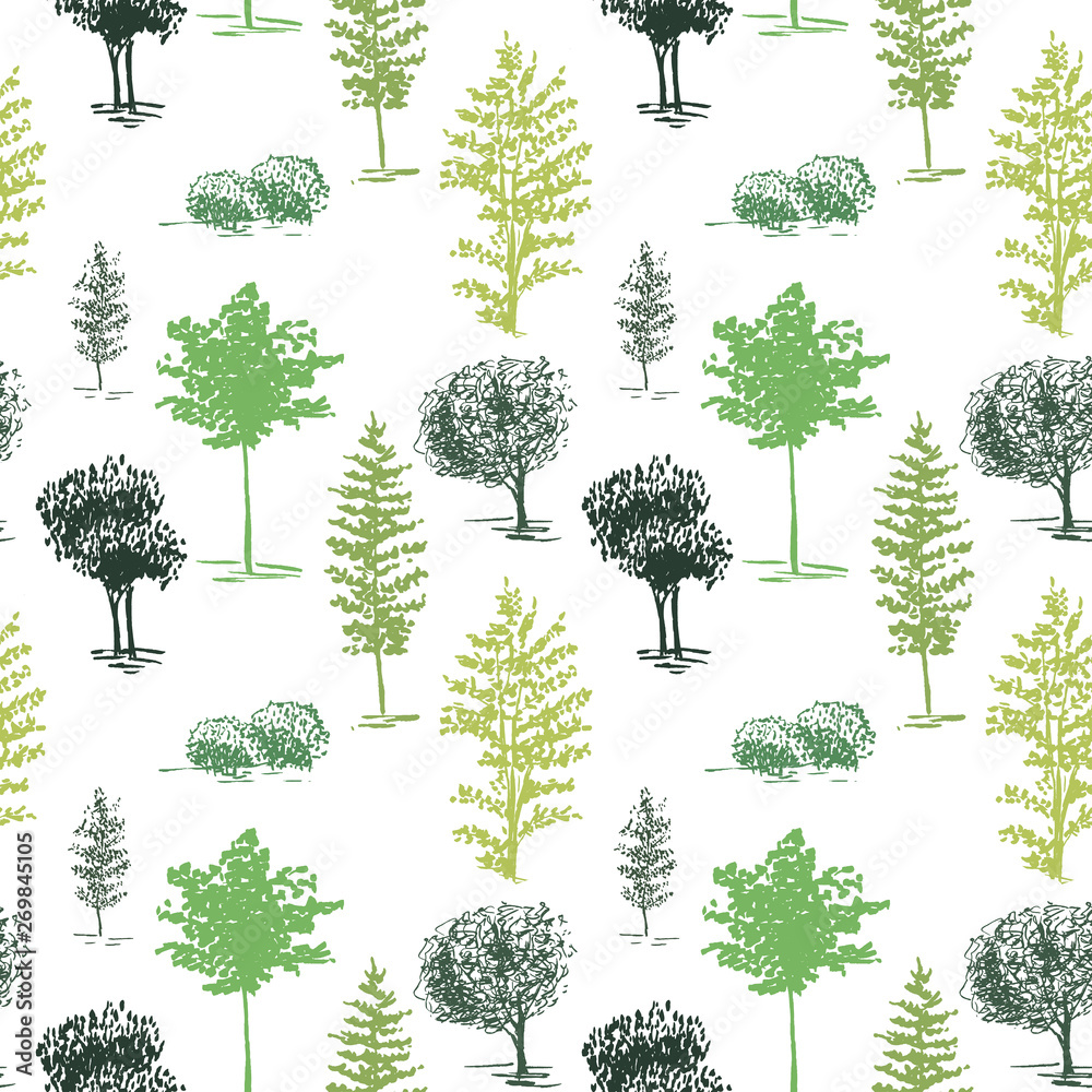 Fototapeta premium Trees sketch background. Hand painted green trees on the white background. Seamless wallpaper.